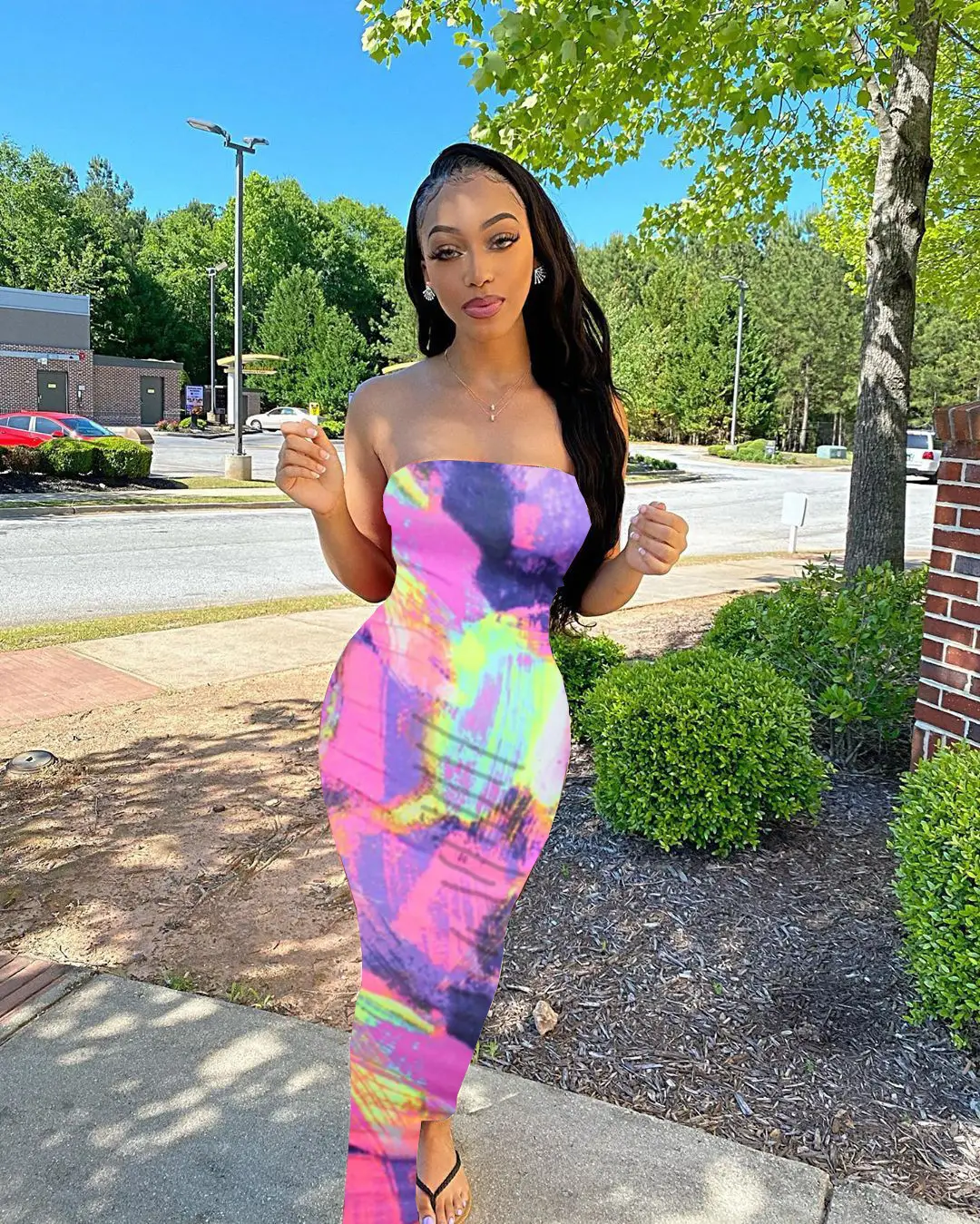 2022 Women's Colorful Tie-dyed Off-shoulder Dress Large Size - Image 2