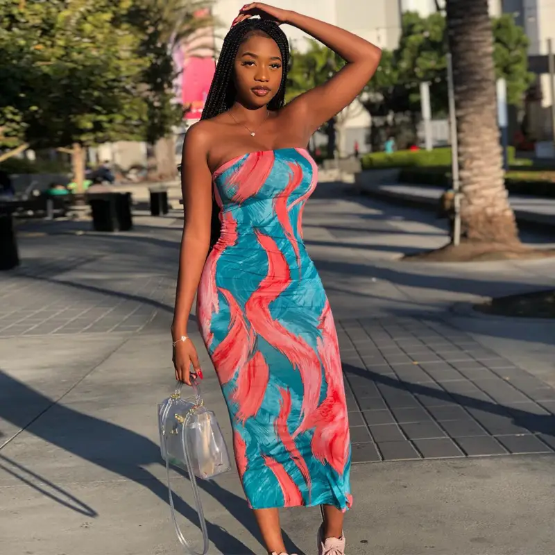 2022 Women's Colorful Tie-dyed Off-shoulder Dress Large Size - Image 7