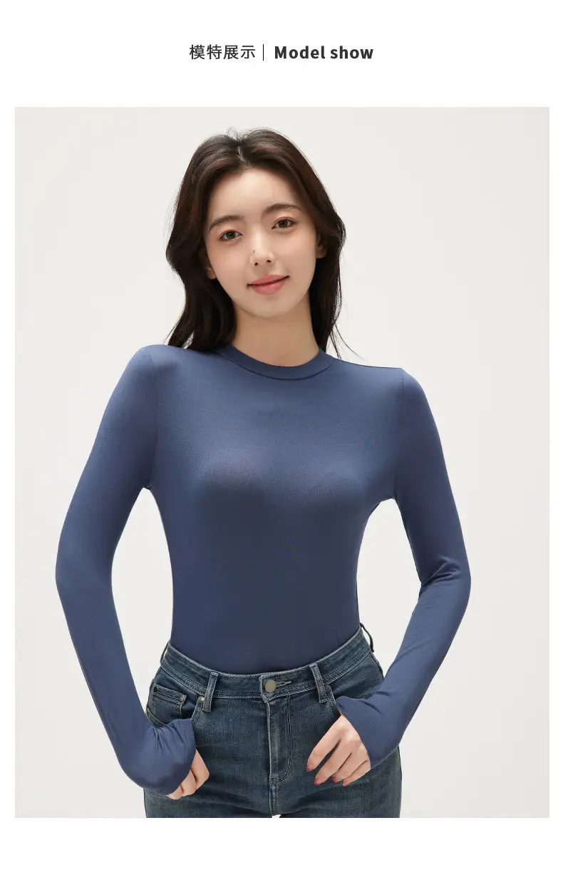 Women Black Long Sleeve Half-High Collar T-Shirt — feature 11