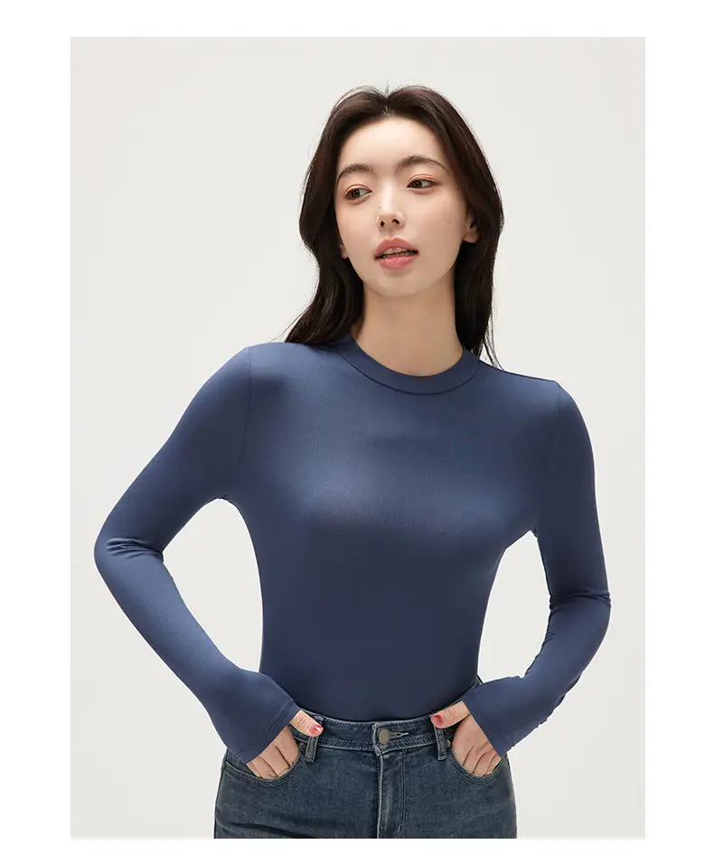 Women Black Long Sleeve Half-High Collar T-Shirt — feature 12