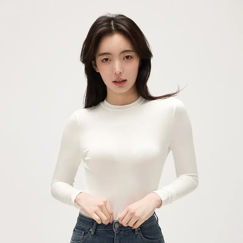 Women Black Long Sleeve Half-High Collar T-Shirt