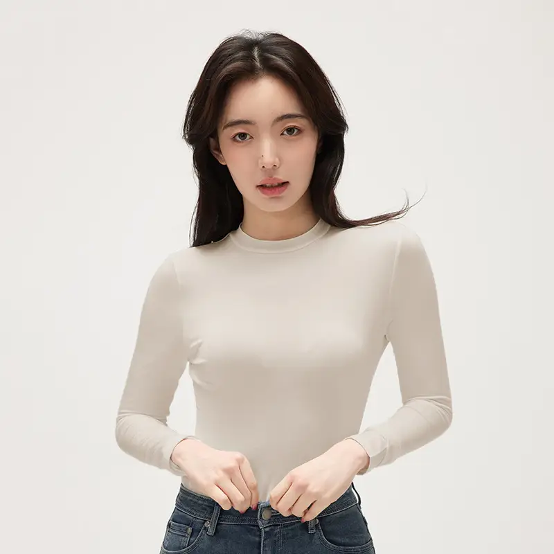 Women Black Long Sleeve Half-High Collar T-Shirt