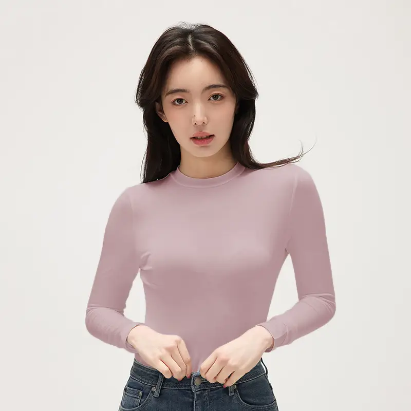 Women Black Long Sleeve Half-High Collar T-Shirt