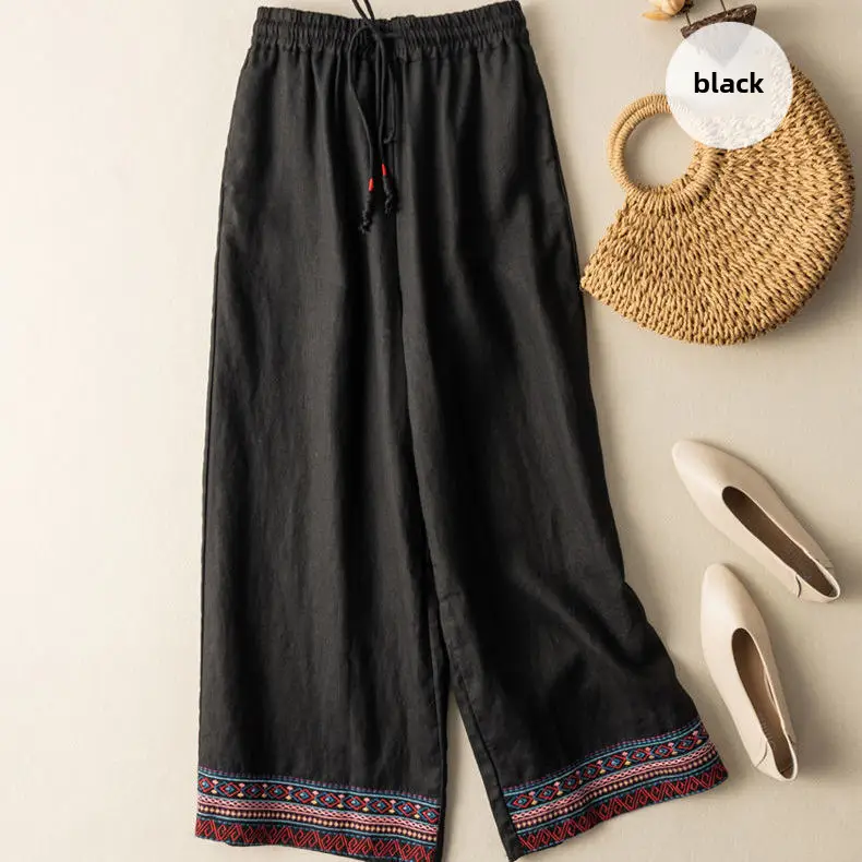 Women Black Embroidered Wide Leg Pants 2024 - Image 7
