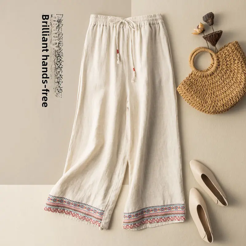 Women Black Embroidered Wide Leg Pants 2024 - Image 3