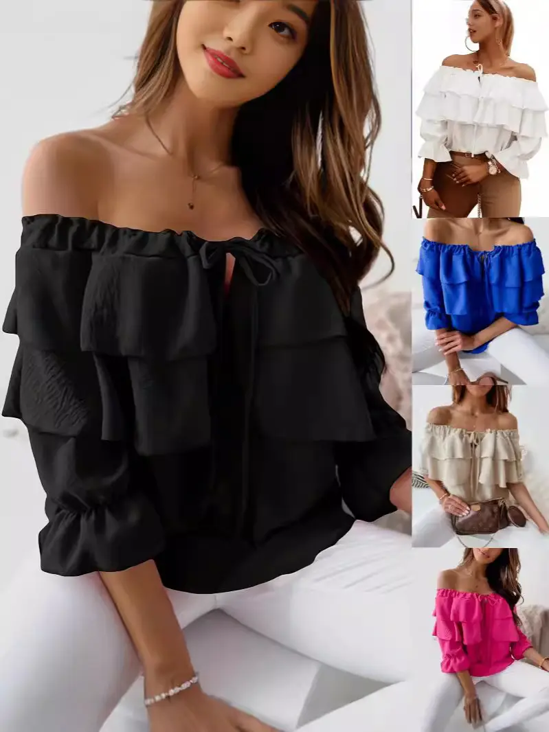 Black Off-Shoulder Ruffled Chiffon T-Shirt for Women - Image 6