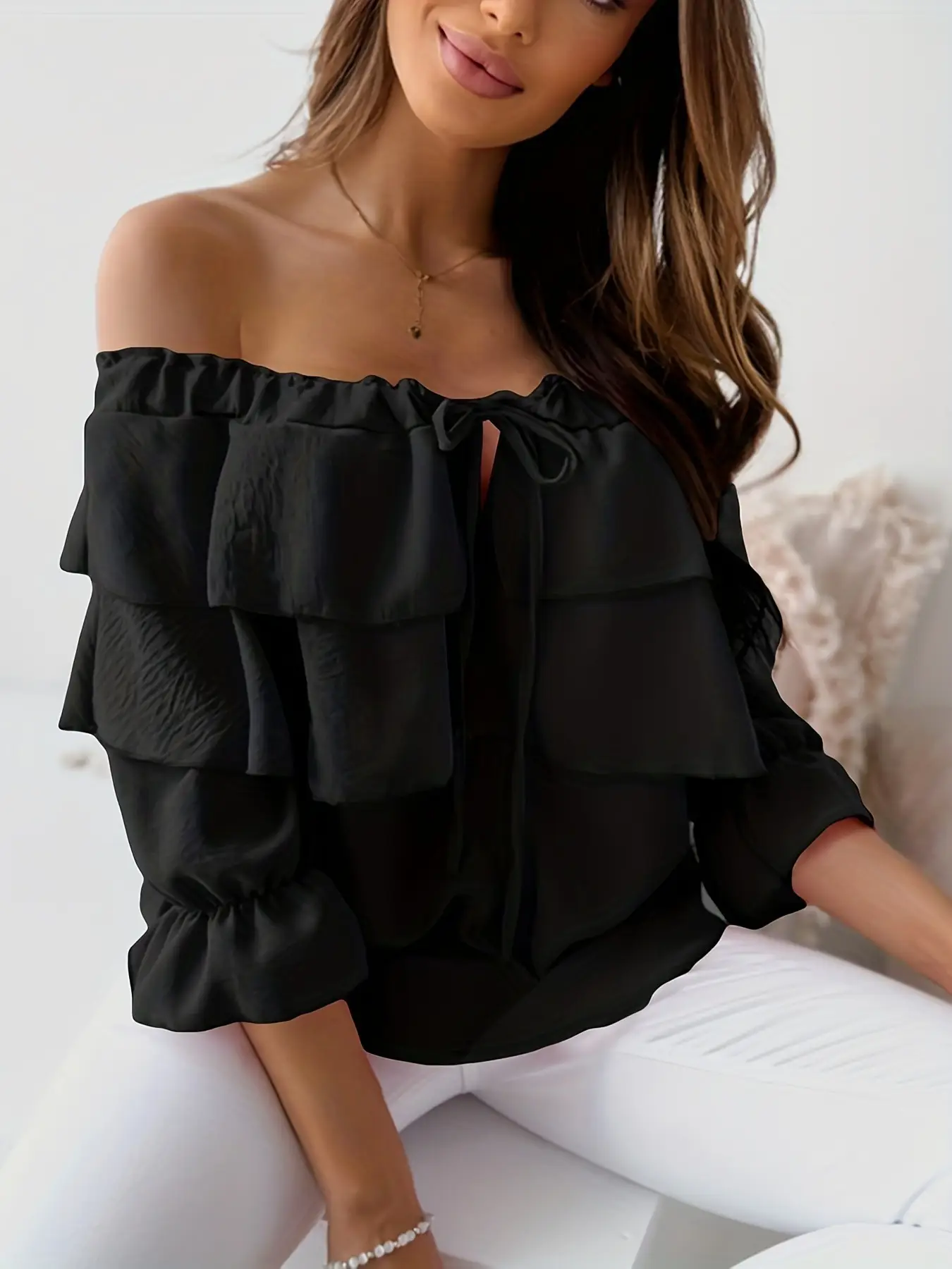 Black Off-Shoulder Ruffled Chiffon T-Shirt for Women - Image 7