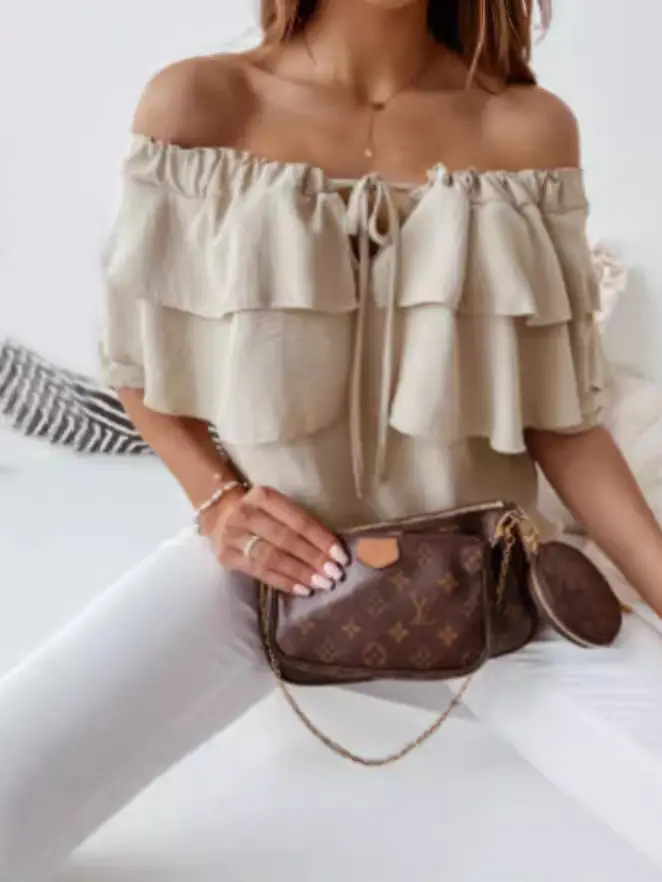 Black Off-Shoulder Ruffled Chiffon T-Shirt for Women - Image 8