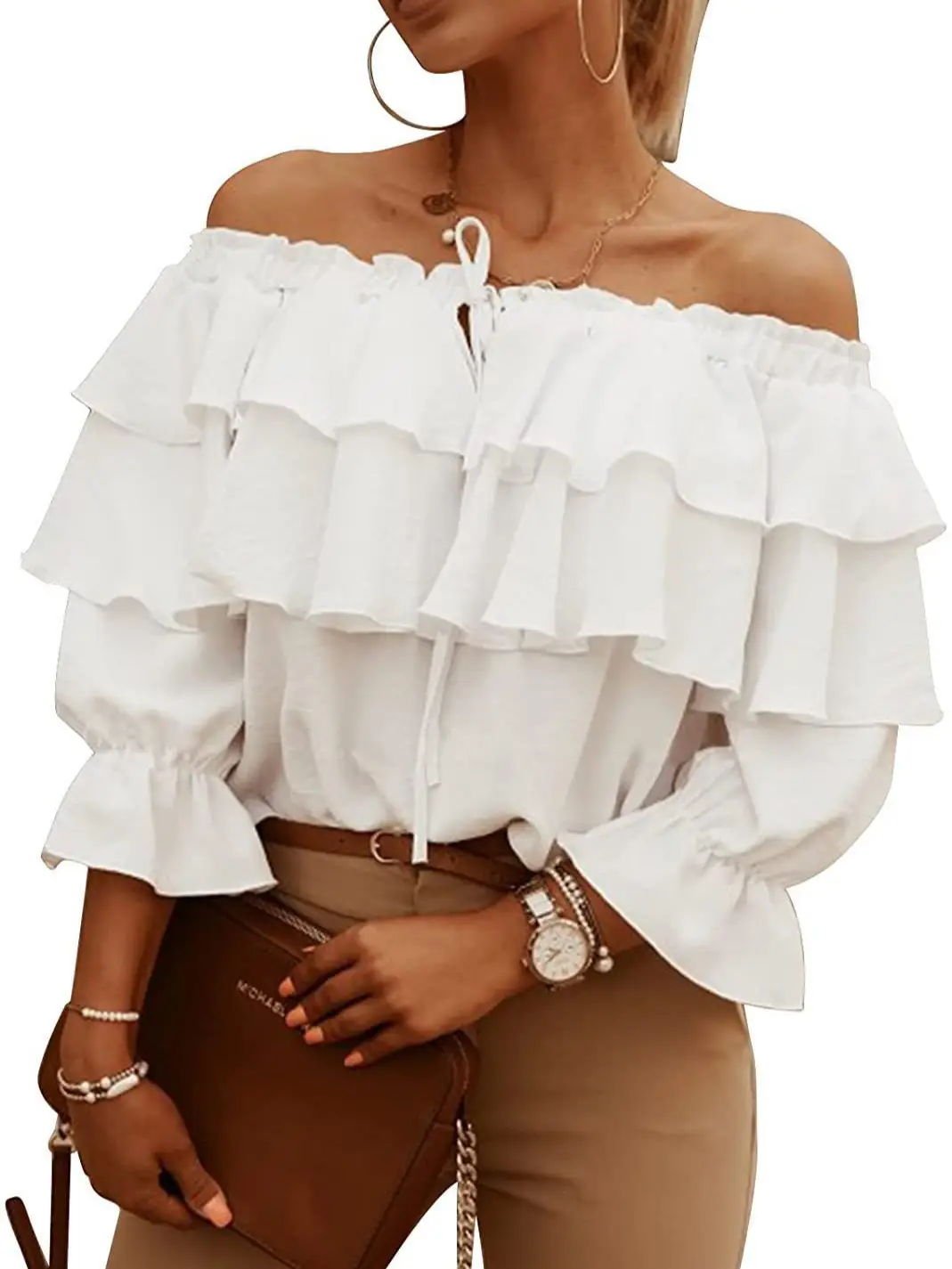 Black Off-Shoulder Ruffled Chiffon T-Shirt for Women - Image 9