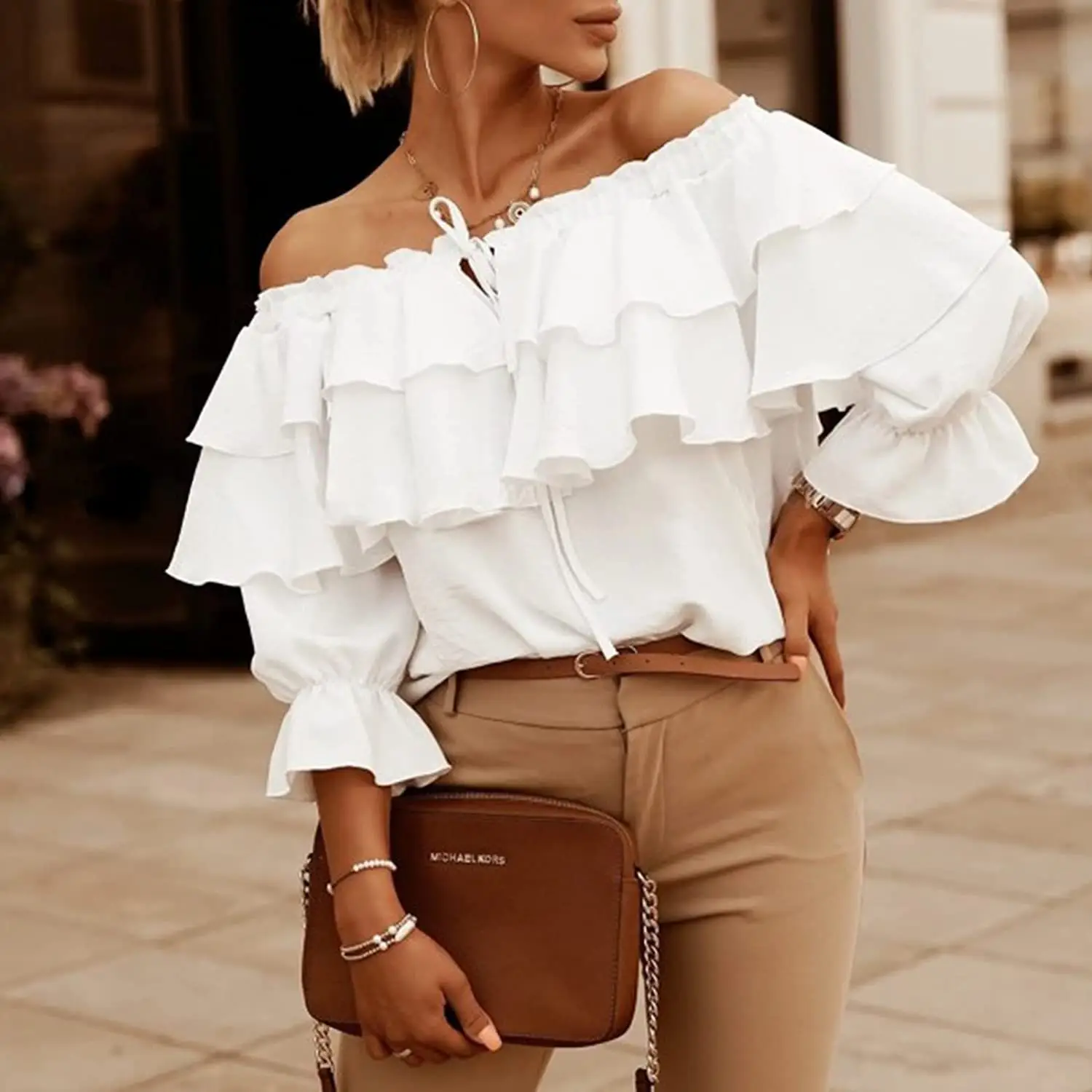 Black Off-Shoulder Ruffled Chiffon T-Shirt for Women - Image 2