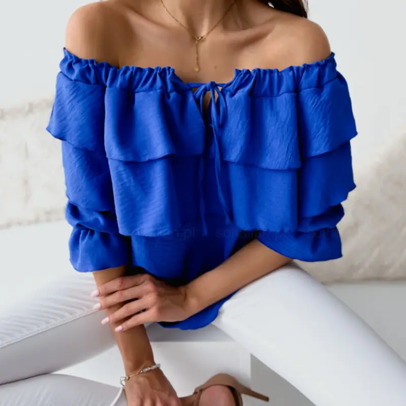 Black Off-Shoulder Ruffled Chiffon T-Shirt for Women - Image 3