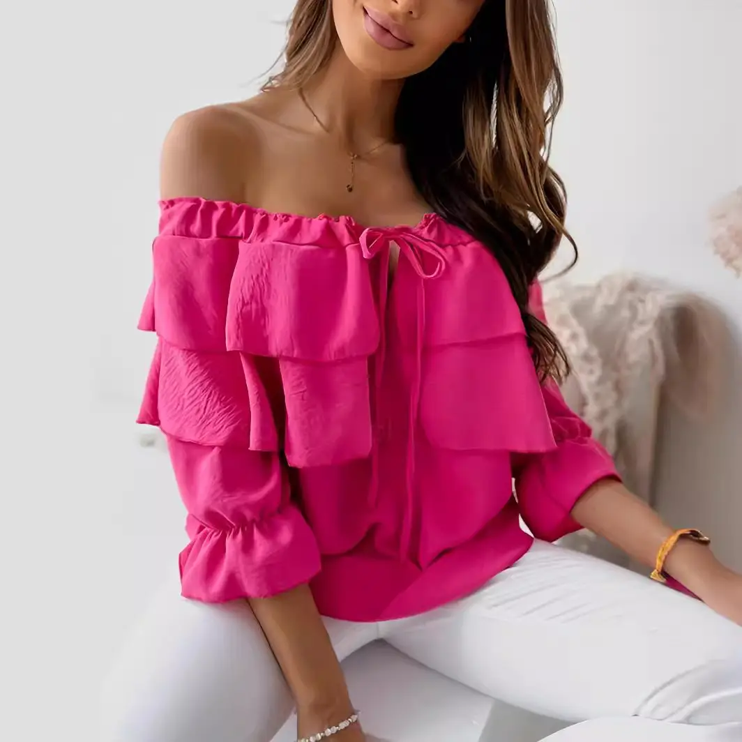 Black Off-Shoulder Ruffled Chiffon T-Shirt for Women - Image 5