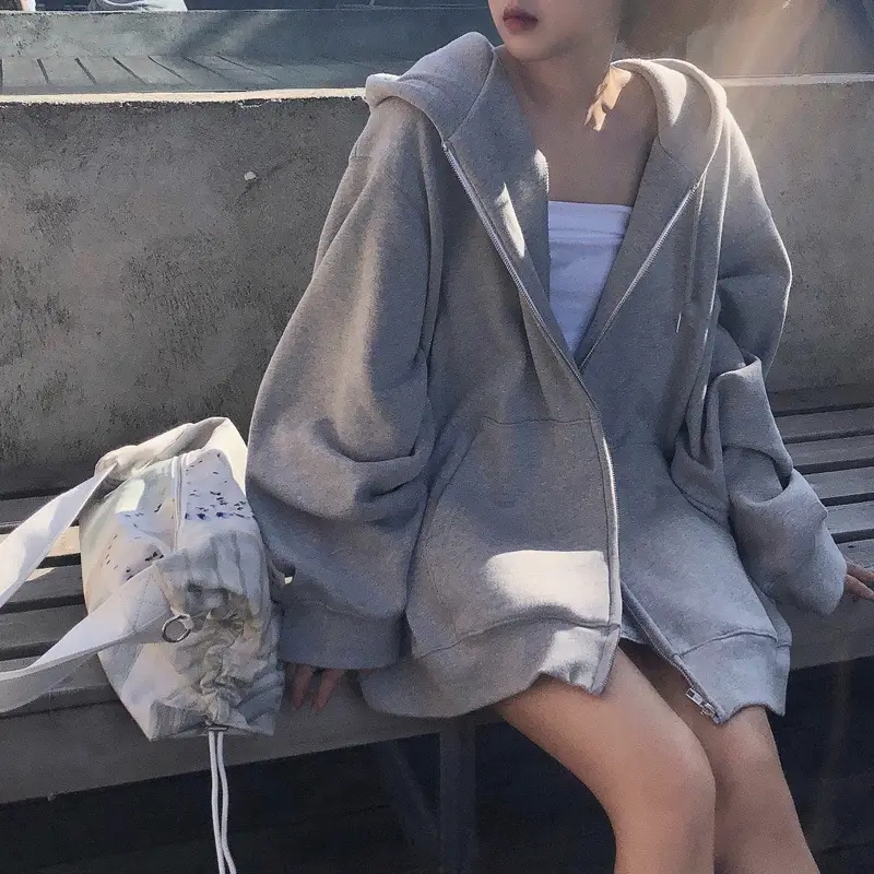 Grey Hooded Sweatshirt Women Loose Fleece Winter Coat - Image 9