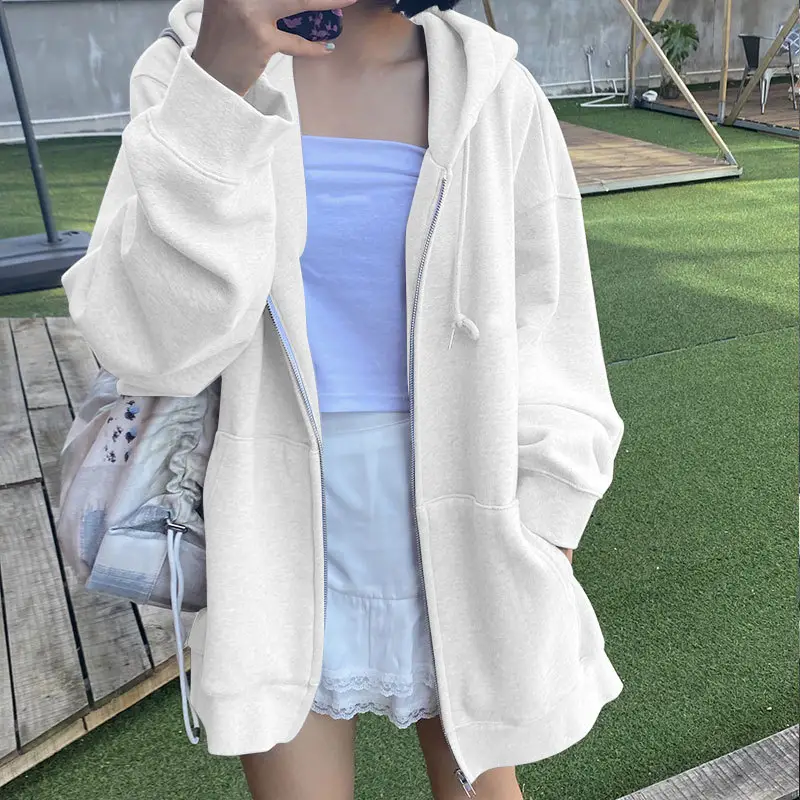 Grey Hooded Sweatshirt Women Loose Fleece Winter Coat - Image 11