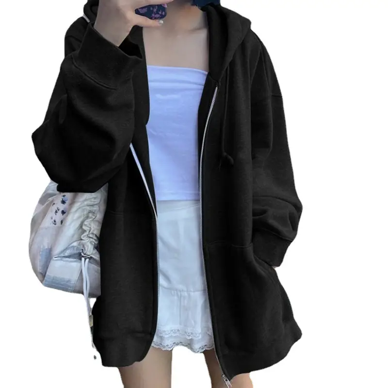 Grey Hooded Sweatshirt Women Loose Fleece Winter Coat - Image 12