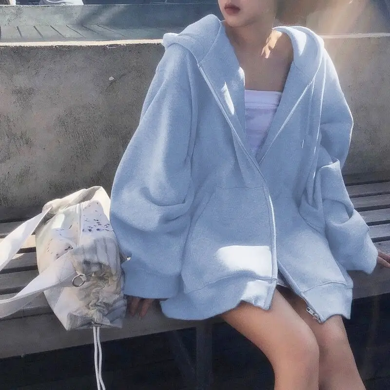 Grey Hooded Sweatshirt Women Loose Fleece Winter Coat - Image 3