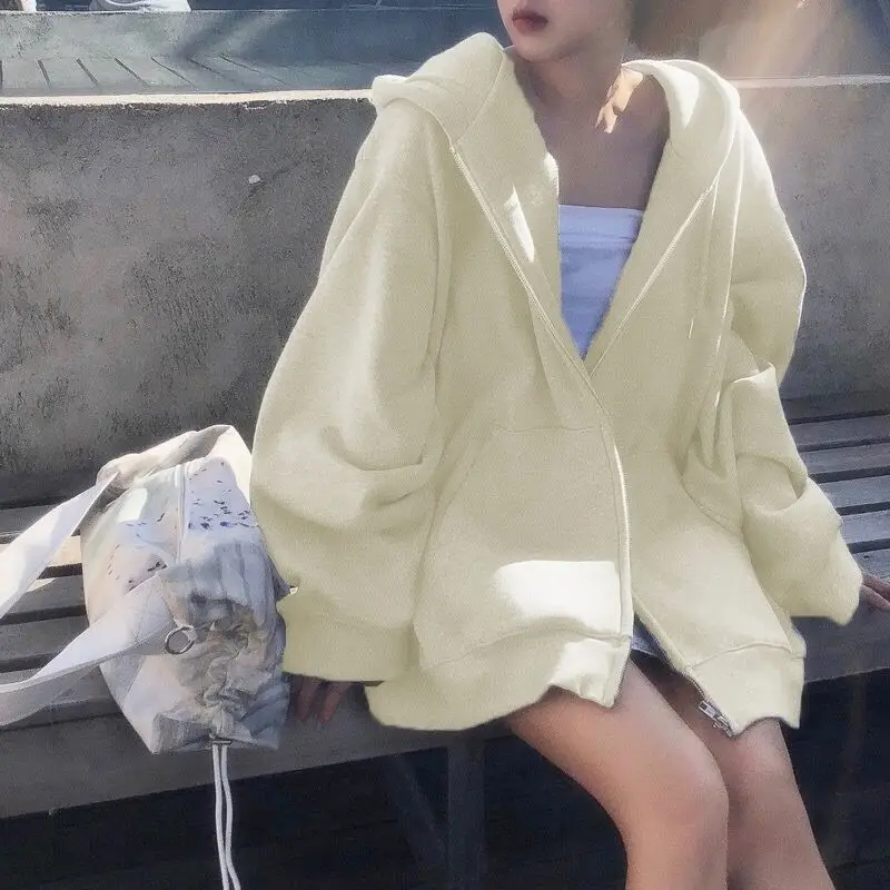 Grey Hooded Sweatshirt Women Loose Fleece Winter Coat - Image 4