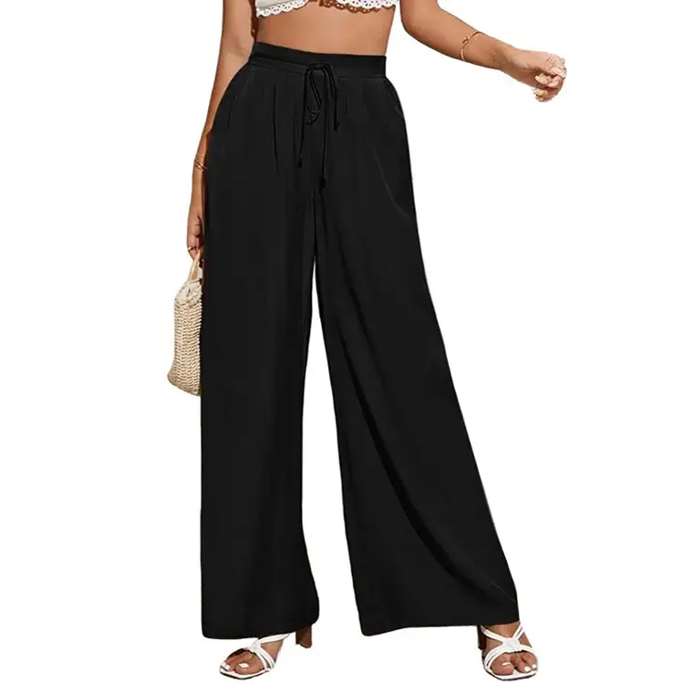 Women's Green Elastic Waist Tie Loose Wide Leg Pants