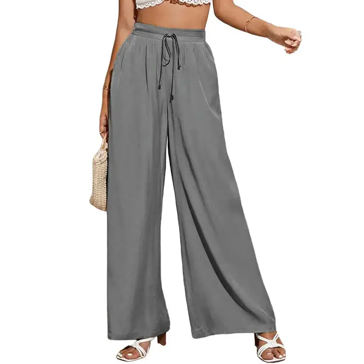 Women's Green Elastic Waist Tie Loose Wide Leg Pants