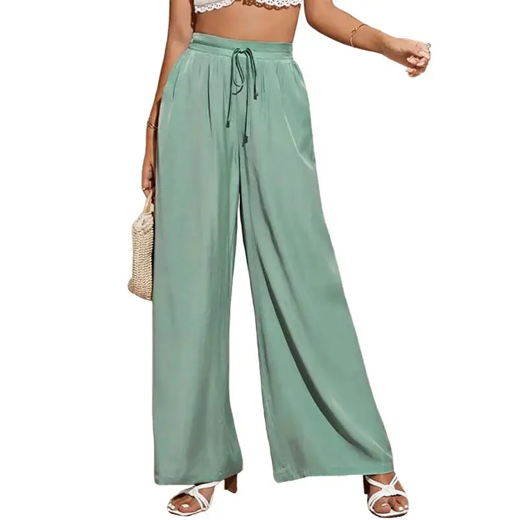 Women's Green Elastic Waist Tie Loose Wide Leg Pants