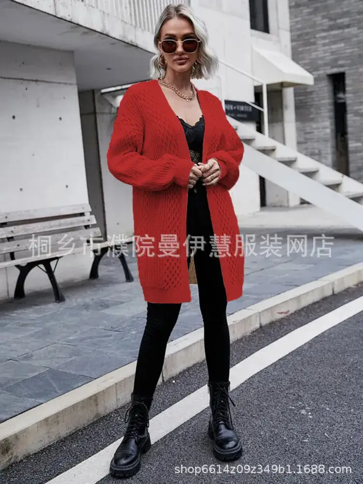 2025 V Neck Long Sleeve Knit Cardigan Women Peach - Image 5