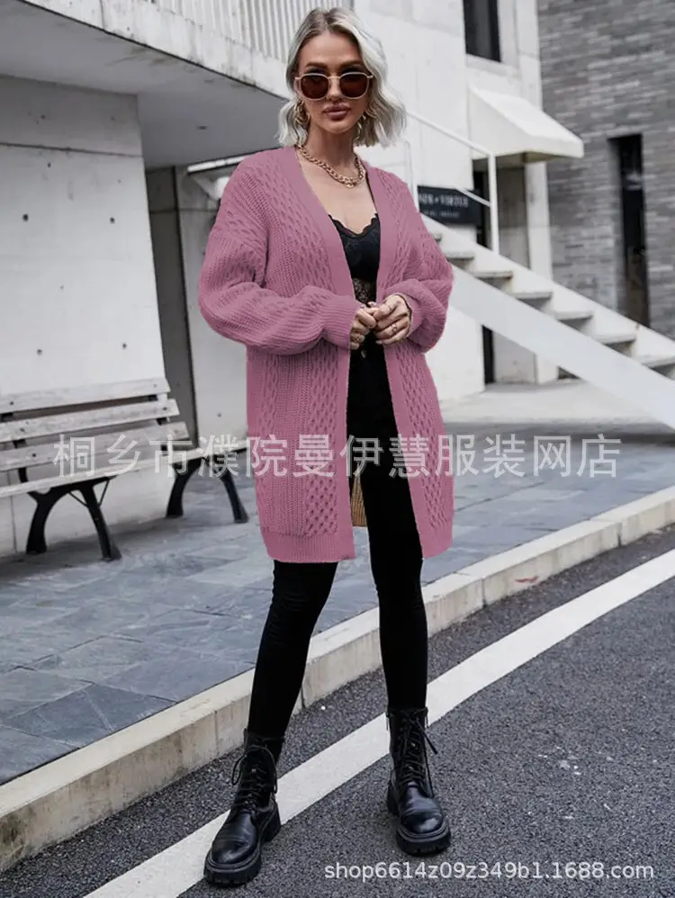 2025 V Neck Long Sleeve Knit Cardigan Women Peach — feature 16
