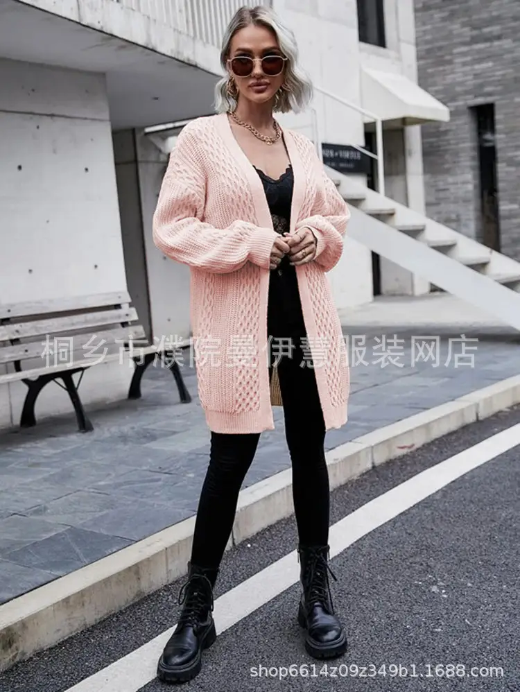 2025 V Neck Long Sleeve Knit Cardigan Women Peach — feature 6