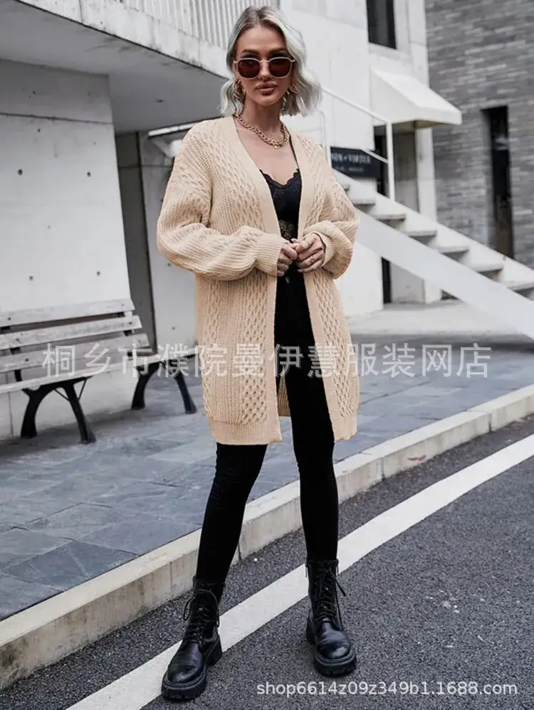 2025 V Neck Long Sleeve Knit Cardigan Women Peach - Image 2