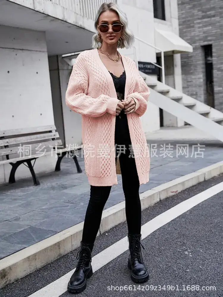 2025 V Neck Long Sleeve Knit Cardigan Women Peach - Image 3