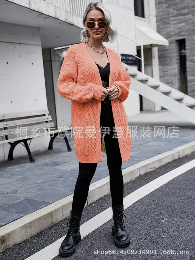 2025 V Neck Long Sleeve Knit Cardigan Women Peach - Image 9