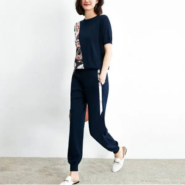 Women's 200kg Fat Size Sports Suit Navy Printed - Image 3