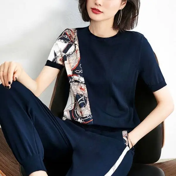 Women's 200kg Fat Size Sports Suit Navy Printed - Image 4
