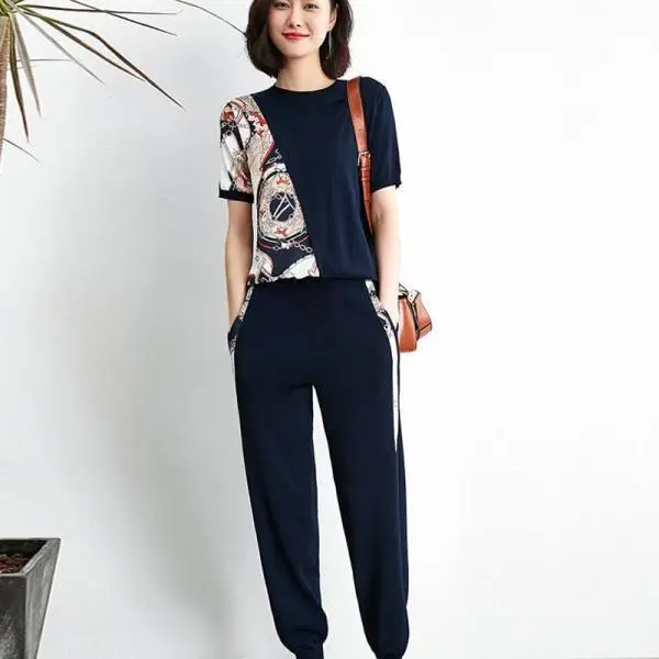 Women's 200kg Fat Size Sports Suit Navy Printed - Image 5