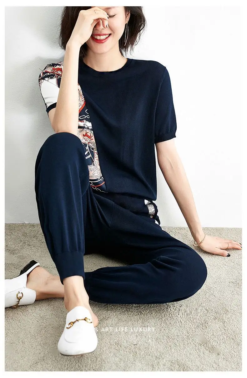 Women's 200kg Fat Size Sports Suit Navy Printed — feature 13