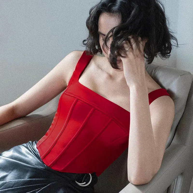 Red Fishbone Waist Vest with Square Collar - Image 5