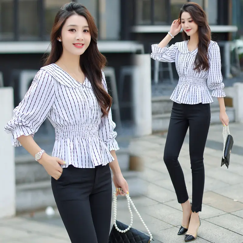 Blue Striped Long Sleeve Women's Pullover Shirt