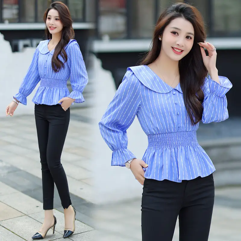 Blue Striped Long Sleeve Women's Pullover Shirt