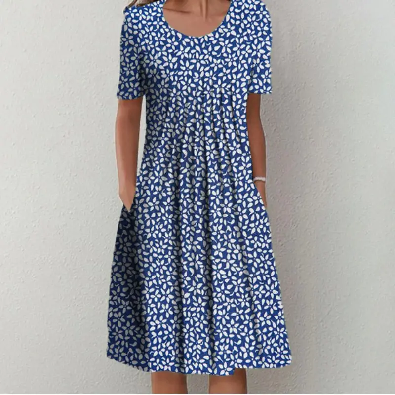 Women's Printed Round Neck Short Sleeve Dress Spring Summer - Image 6