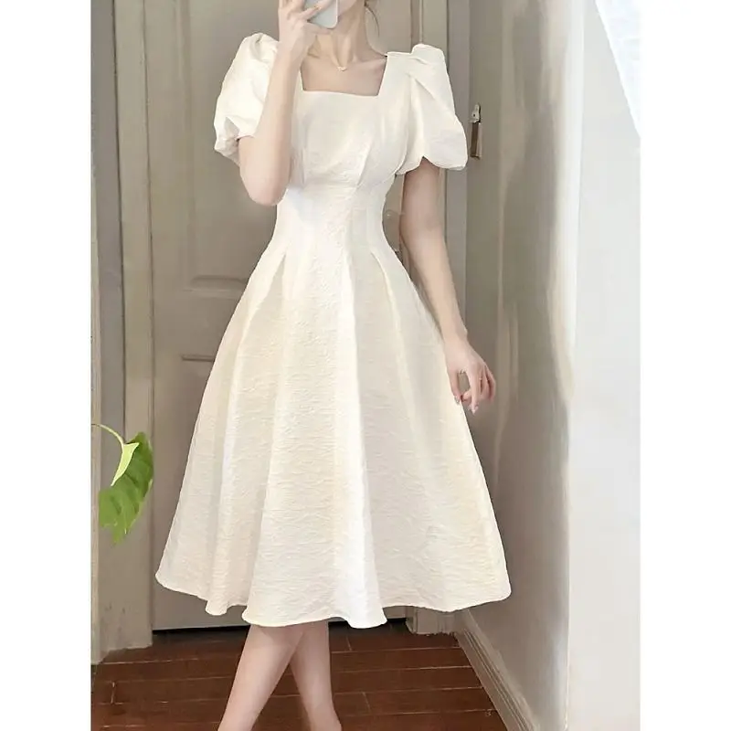 White Long Skirt Square Neck Dress for Women