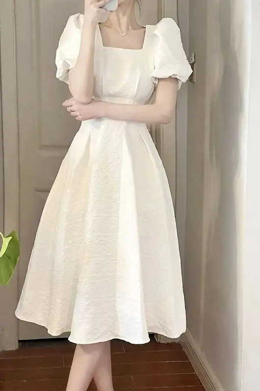 White Long Skirt Square Neck Dress for Women — feature 8