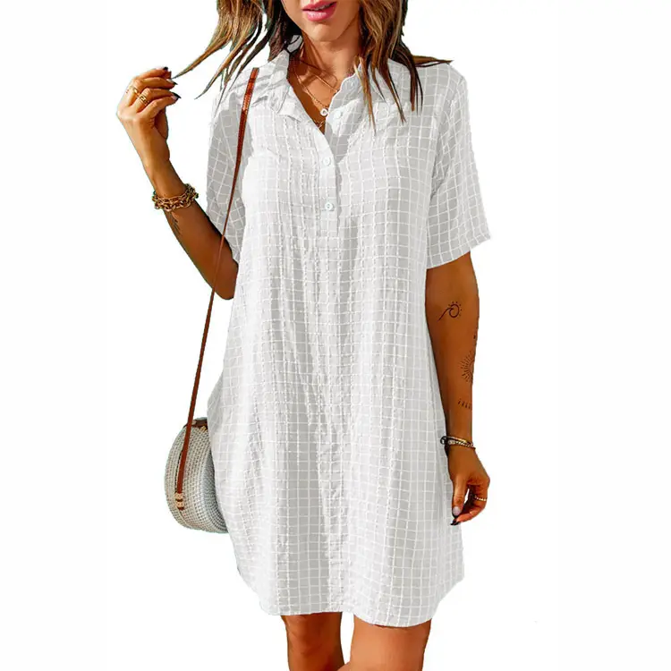 Women Purple Plaid Button Down Shirt Dress - Image 7