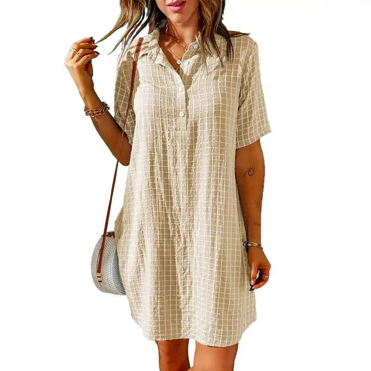 Women Purple Plaid Button Down Shirt Dress - Image 2