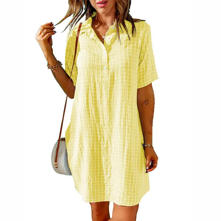 Women Purple Plaid Button Down Shirt Dress - Image 3