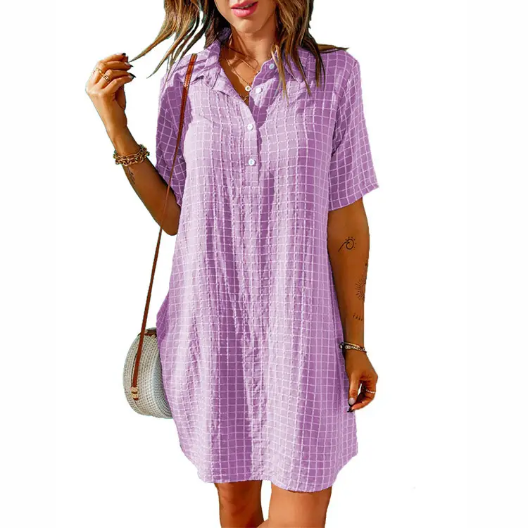 Women Purple Plaid Button Down Shirt Dress - Image 4