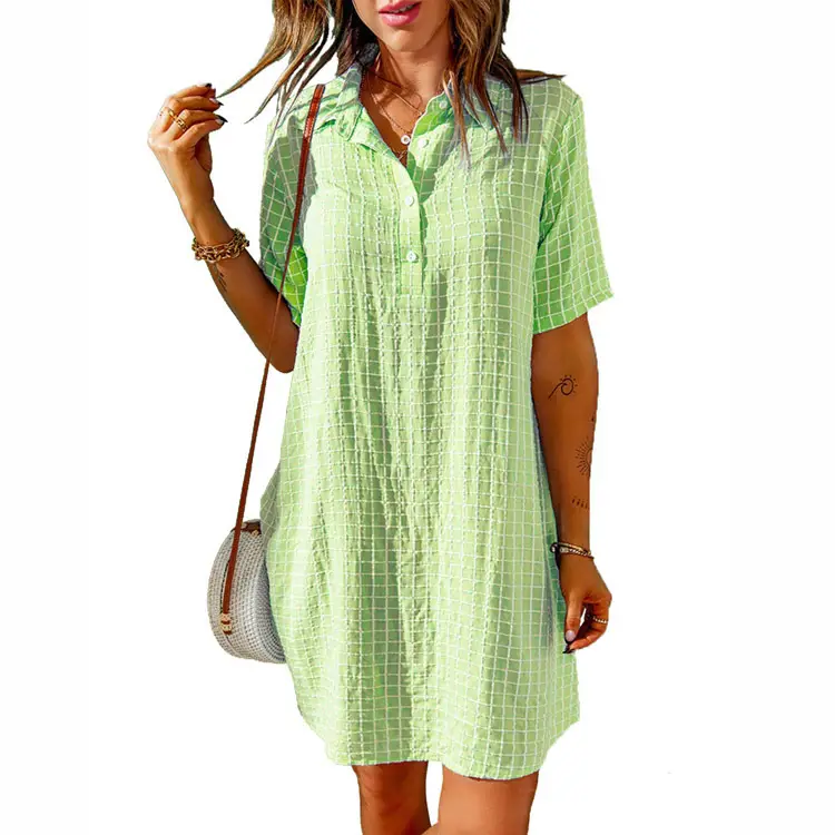 Women Purple Plaid Button Down Shirt Dress - Image 5