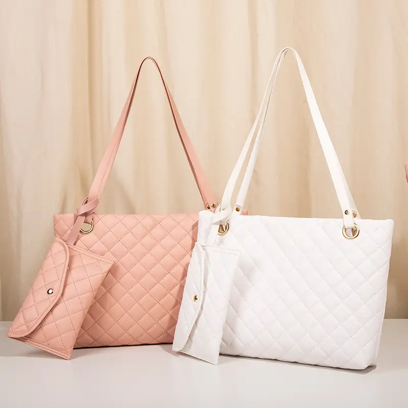 Two-Piece Tote Bag Set for Women White & Pink Wholesale - Image 7