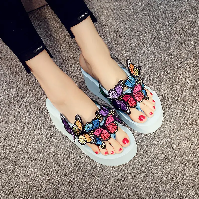 Women Butterfly Flip Flops Pink High Heel Summer Sandals