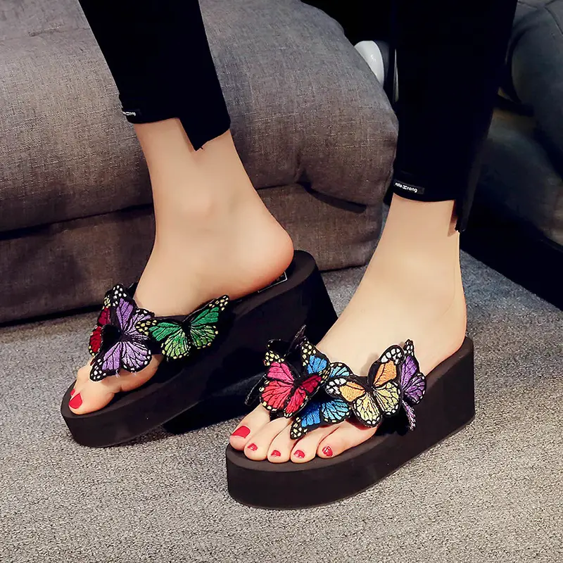 Women Butterfly Flip Flops Pink High Heel Summer Sandals