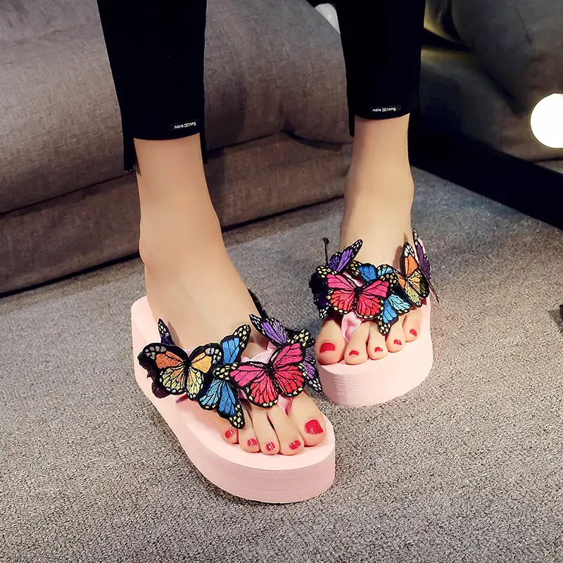 Women Butterfly Flip Flops Pink High Heel Summer Sandals
