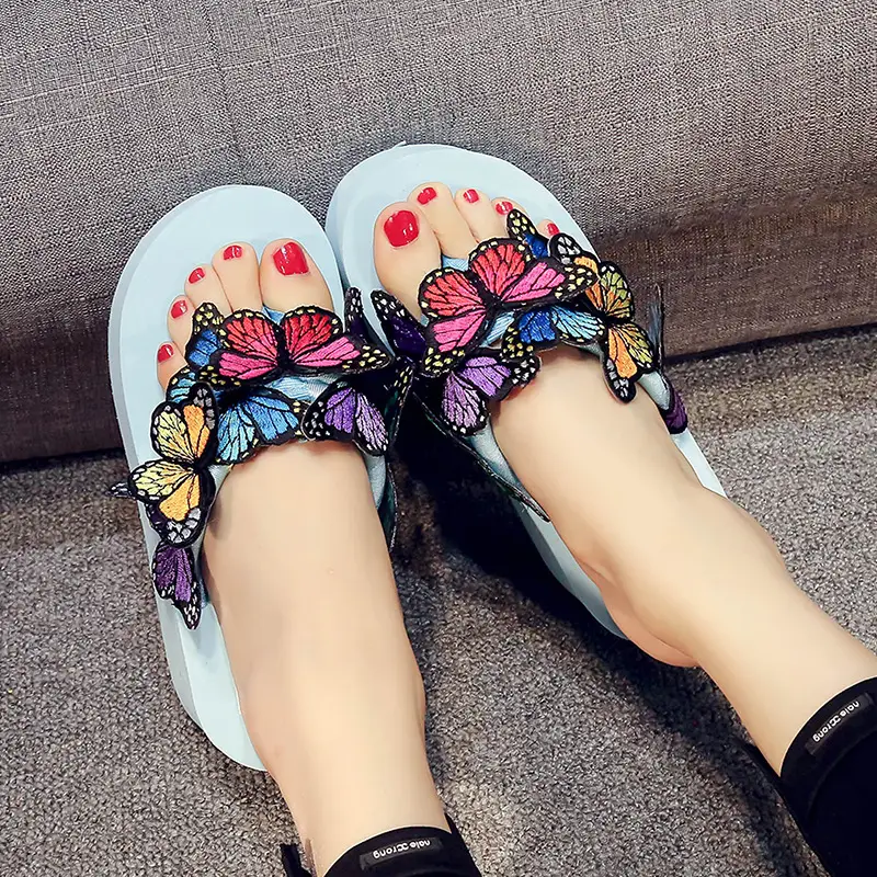 Women Butterfly Flip Flops Pink High Heel Summer Sandals